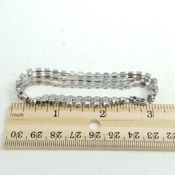 Vintage Sparkly Rhinestone Silver Tone Three Row Bangle Bracelet, 50s 60s Style - Picture 4 of 5